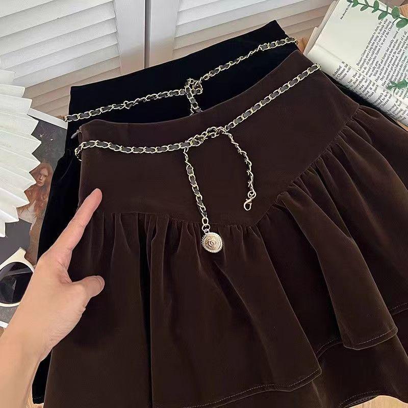 Product Introduction of Chân Váy Nhún Bèo Cạp Cao Nhung Vàng, Hàng Mới Về Mùa Thu Và Mùa Đông, Chân Váy Chữ A Chống Lộ, Có Thắt Lưng Dây Chuyền Xích Nữ Women 4