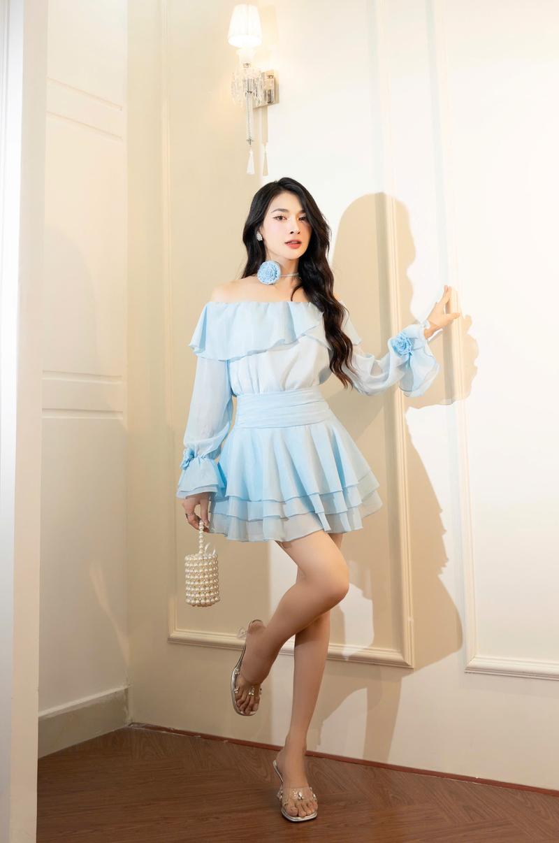 Product Introduction of Váy Dự Tiệc Trễ Vai Tay Đính Hoa Phối Chân Váy Xòe 3 Tầng Cira Boutique D0939 - Voan Tơ - Size S/M/L - Be/Xanh/Đen - Nữ - Dress, Women Tre váy  tiệc 41