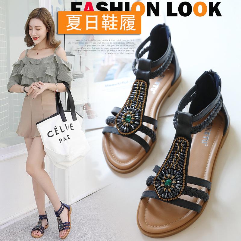 Sandal Nữ Bohemia Đính Hạt Dây Kéo đính  Kim Cương  Phong Cách La Mã 1,5cm.