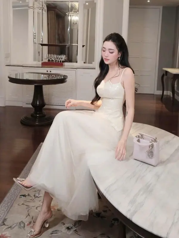 Đầm Hai Dây Kim Sa Thiết Kế Cao Cấp Tina Store Phối Chân Váy Lưới - Phù Hợp Dự Tiệc, Hẹn Hò Sang Chảnh Cho Nữ Women 3