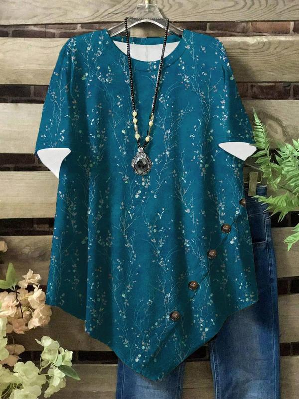 【Plus Size】 Floral Print Tee, Casual Short Sleeve Round Neck T-shirt for Summer, Women's Plus Size Clothing for Daily Wear 3