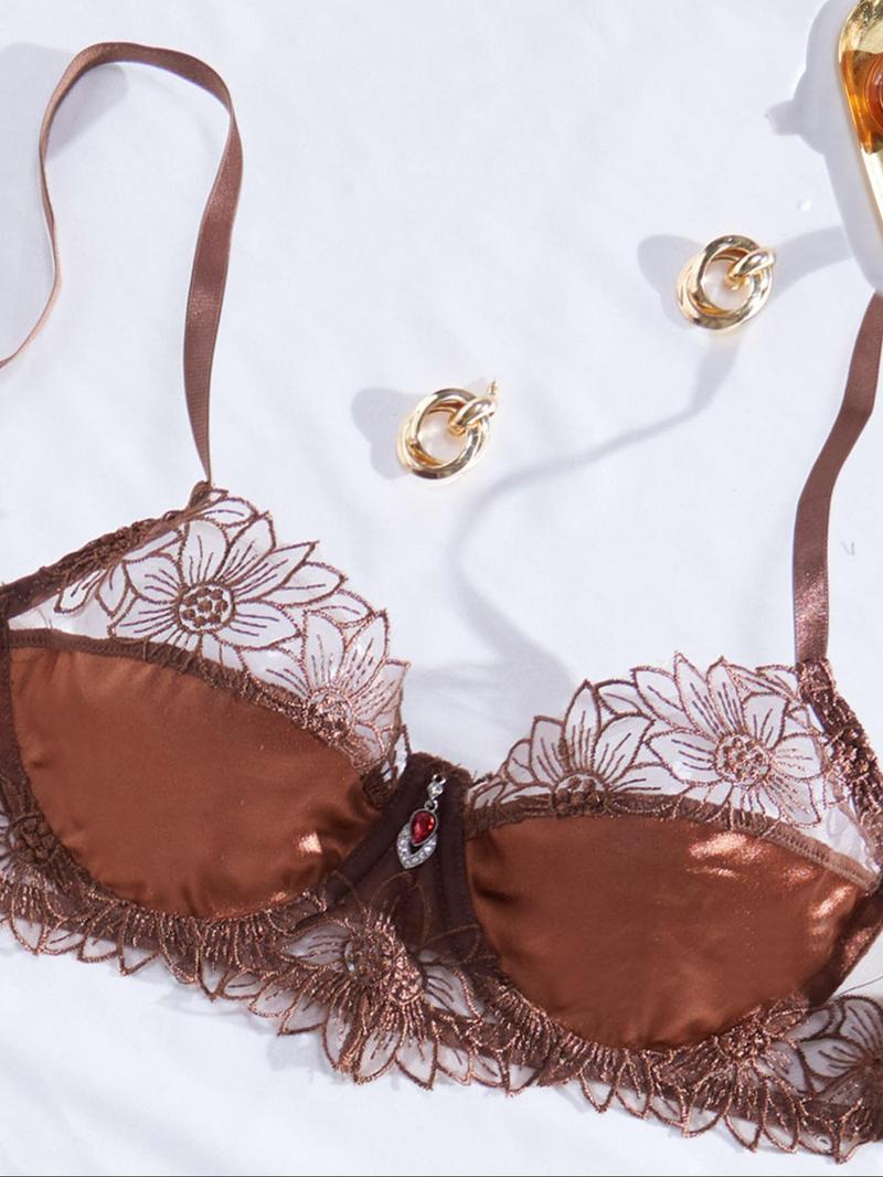 Product Introduction of Women's Plain Floral Embroidery Sheer Bra & Thong Lingerie Set, Adjustable Strap Bra & Panty Set, Lingerie Set for Women Womenswear Comfort 3