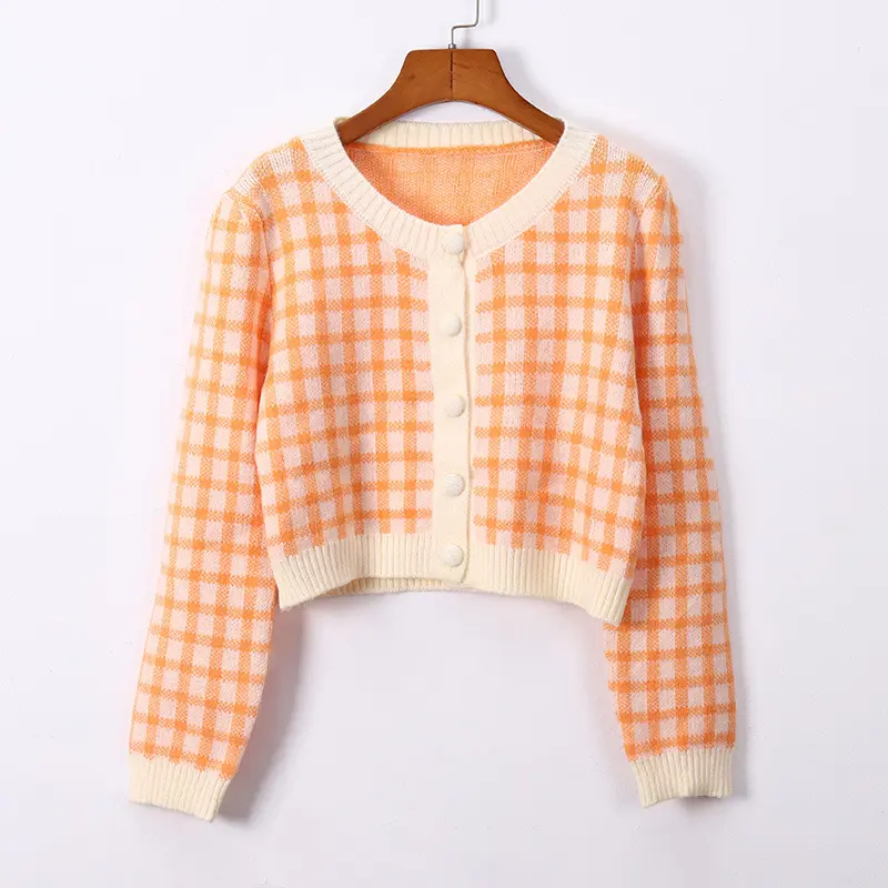 TELLY 079 Kardigan Cardigan Long Sleeve Knit Pakaian Wanita Cardigan Motif Kotak-Kotak Baju Kancing Lembut Panjang   Sweater Knitwear Atasan 4