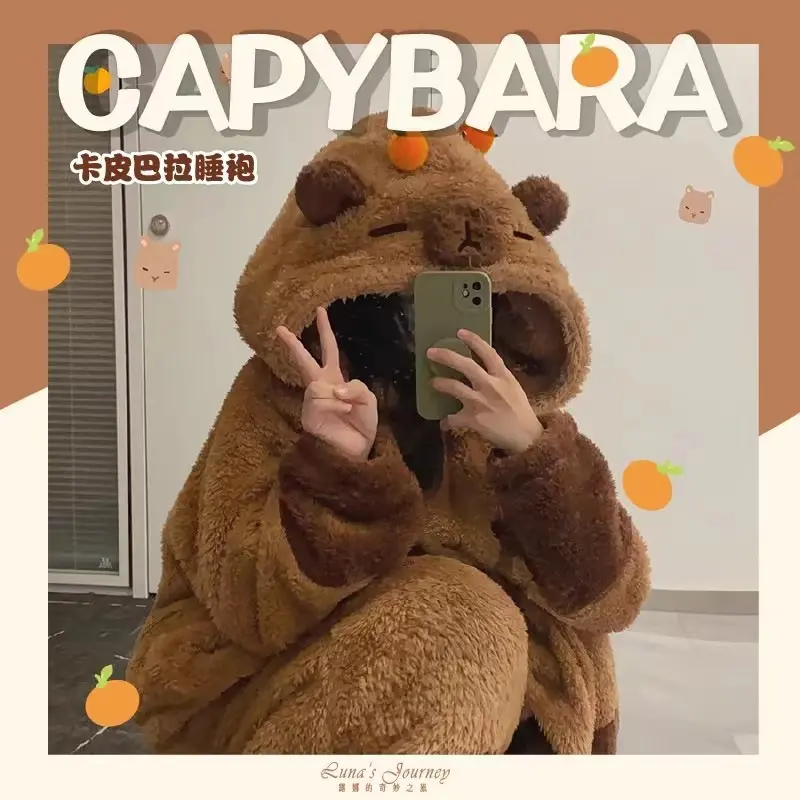 Bộ Đồ Ngủ, Gấu Capybara, Chất Liệu Lông Cừu San Hô, Túi Ngủ Nhồi Bông Thích Hợp Cho Mùa Thu Và Mùa Đông, Bộ Đồ Mặc Ở Nhà Có Mũ Trùm Đầu Hoạt Hình, Đồ Ngủ Nữ Áo