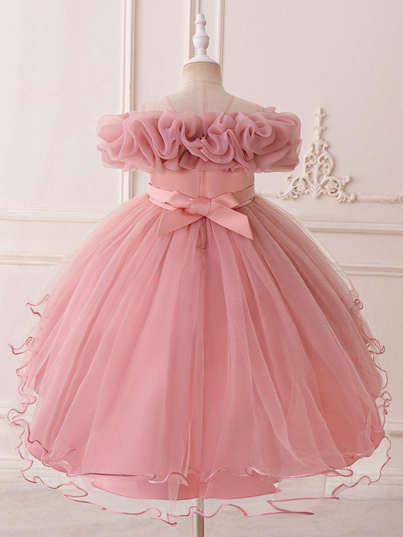 Product Introduction of Girl's Floral Embroidery Sequin Decor Tulle Dress, Elegant Cold Shoulder A Line Dress for Party Performance Wedding Guest, Kids Clothes for Summer 9