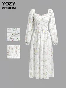 YOZY Women's Ditsy Floral Print Shirred Long Sleeve Dress, Boho Sweetheart Neck Bishop Sleeve Dress for Beach Holiday Vacation, Ladies Clothes for All Seasons