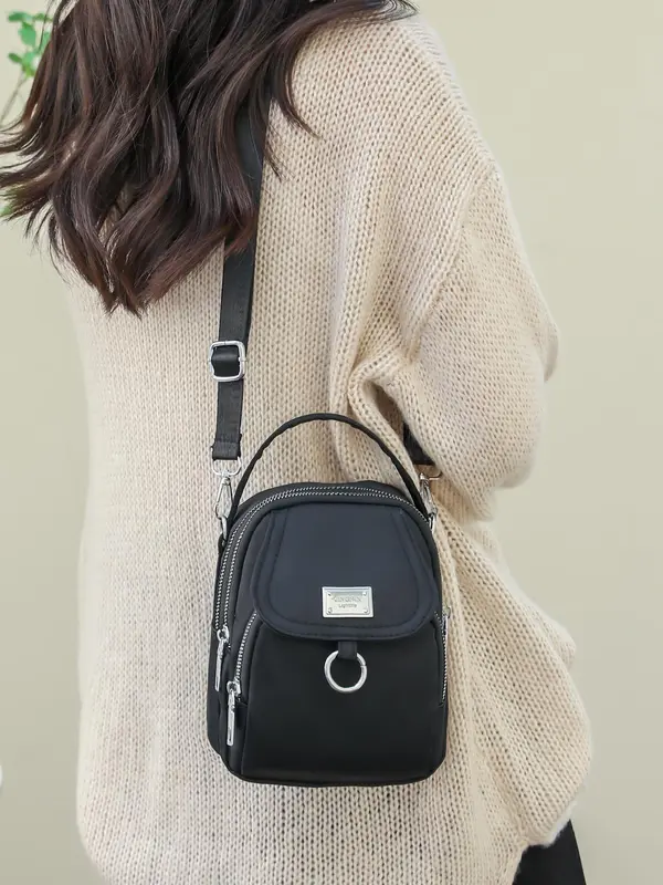 Women's Solid Color Metal Patched Design Zipper Crossbody Bag, Sling Purse, Fashionable Phone Wallet Bag for Daily Used 4