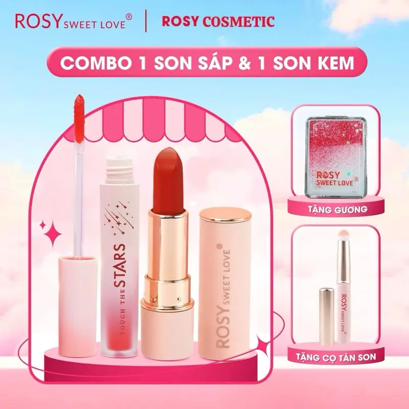 [TẶNG CỌ + GƯƠNG] COMBO 1 son sáp và 1 son kem lì Rosy Sweet Love - Lên màu chuẩn, dưỡng mềm môi Cosmetic Mỹ Phẩm Son Môi Trang Điểm 0