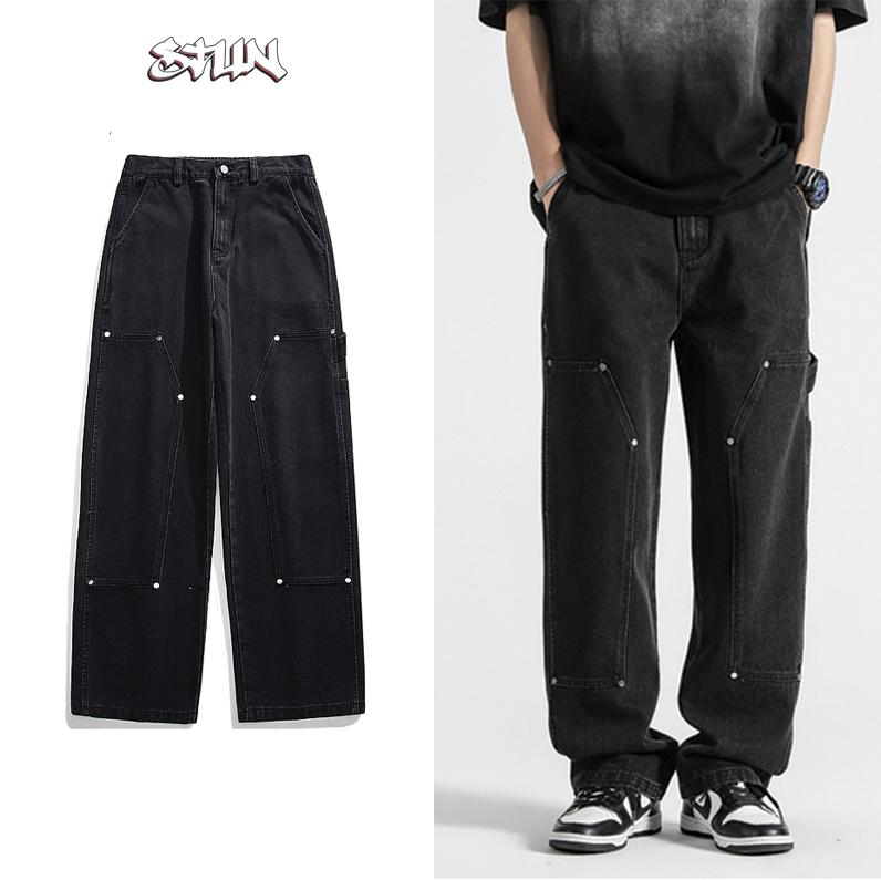 Quần Jean Nam Double Knee 2 Màu Đen Xám Phong Cách Retro Mạnh Mẽ Quần Bò Form Suông Ống Rộng