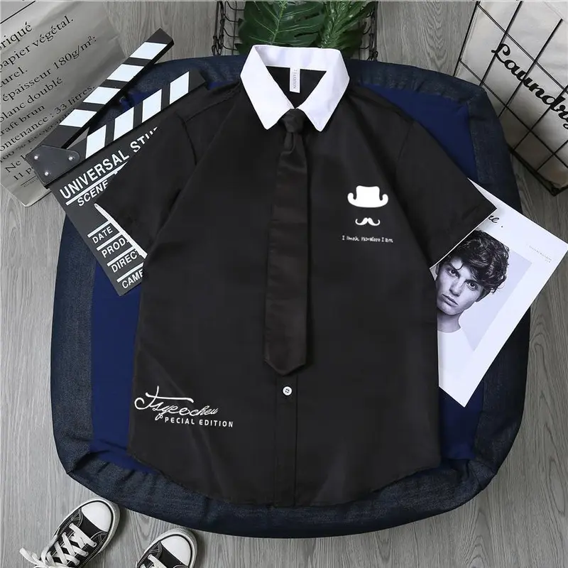 Áo Sơ Mi + Cà Vạt 2024] Áo Sơ Mi Trắng Đẹp Trai T Hợp Thời Trang Cho Nam Phong Cách Preppy Học Sinh Đẹp Trai Xu Hướng Dáng Rộng Phong Cách Hàn Quốc ngắn Tay Trang Phục Công Sở Thời Trang Cho Nam 3