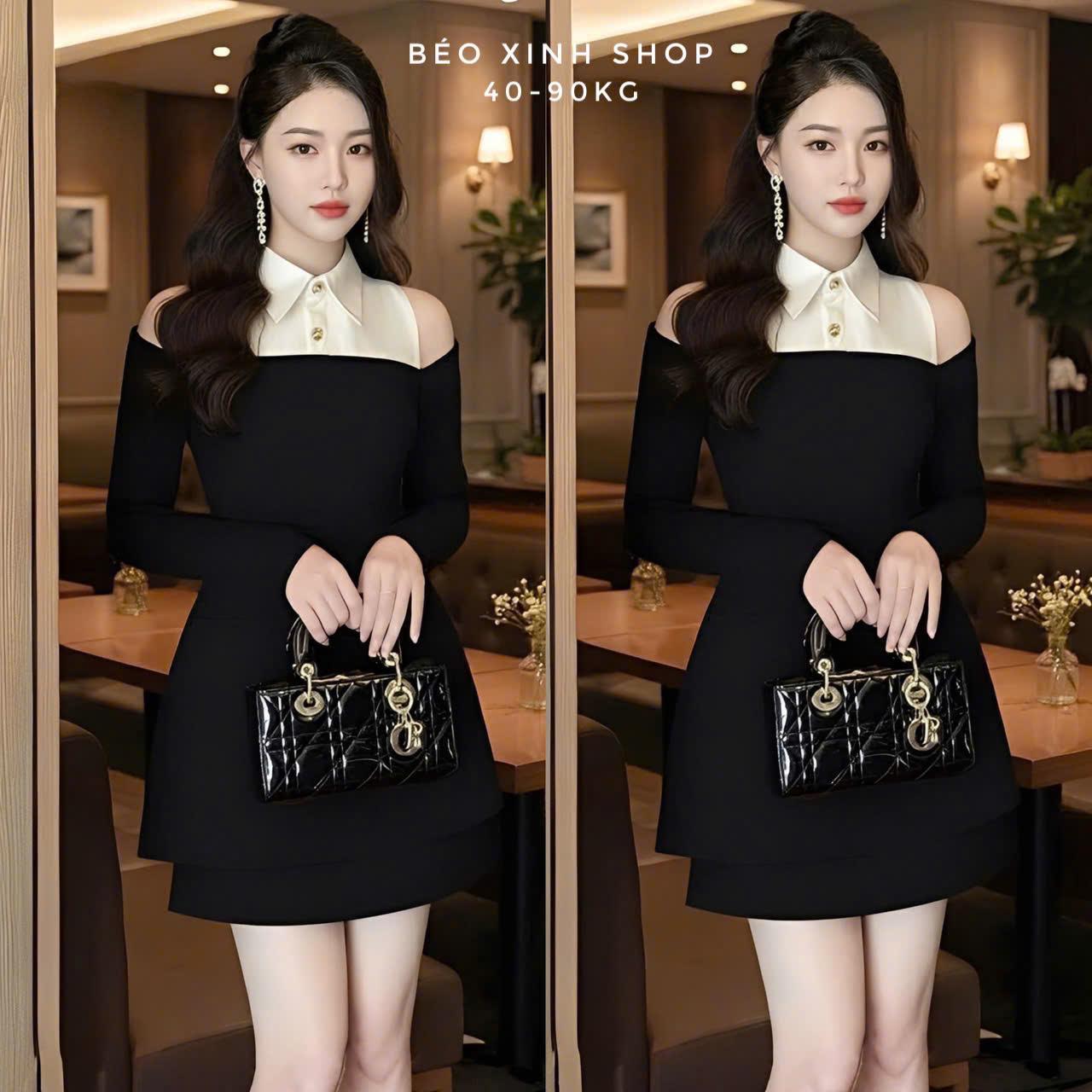 Đầm Dự Tiệc Thiết Kế Dáng Ngắn Tay Dài Phối Cổ Sơ Mi (Vải Tuyết Mưa) Cao Cấp Bigsize 40–90kg Béo Xinh Shop - A.1645