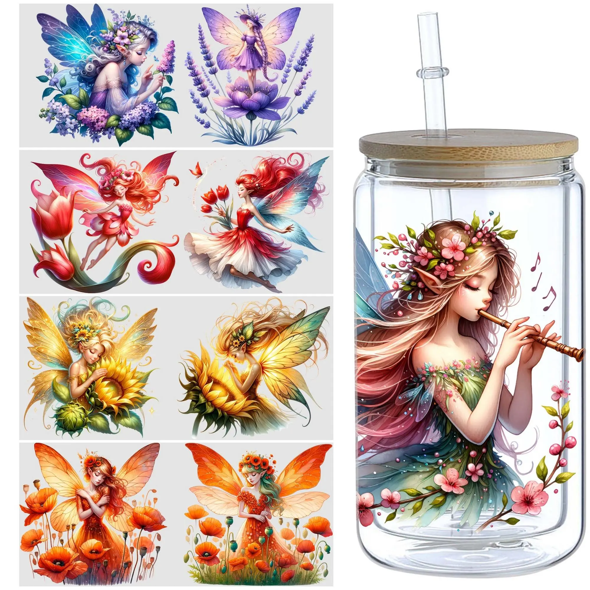 Flower Fairy Pattern UV DTF Cup Packaging Sticker, 5 Counts/set Waterproof Self Adhesive Decorative Sticker, DIY Decals for Glass Cup, Furniture, Crafts