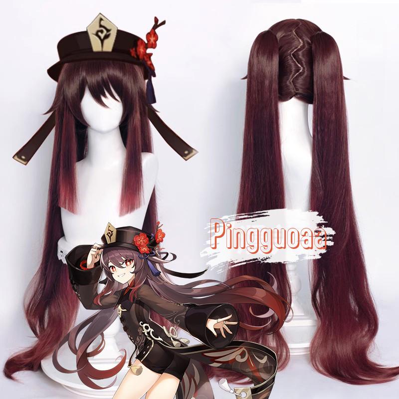 【Manmei】Genshin Impact HuTao Cosplay Wig 110cm Long Brown Ponytails Heat…