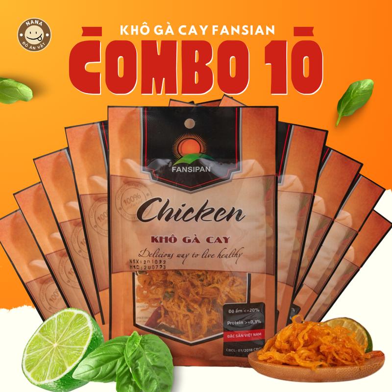 [Combo 10] Khô Gà Lá Chanh Fansipan gói 50g, Thành Phần Ức Gà Tươi, Lá Chanh, Snack Cay Thơm Ngon, Đảm Bảo Vệ Sinh An Toàn Thực Phẩm Ăn Vặt
