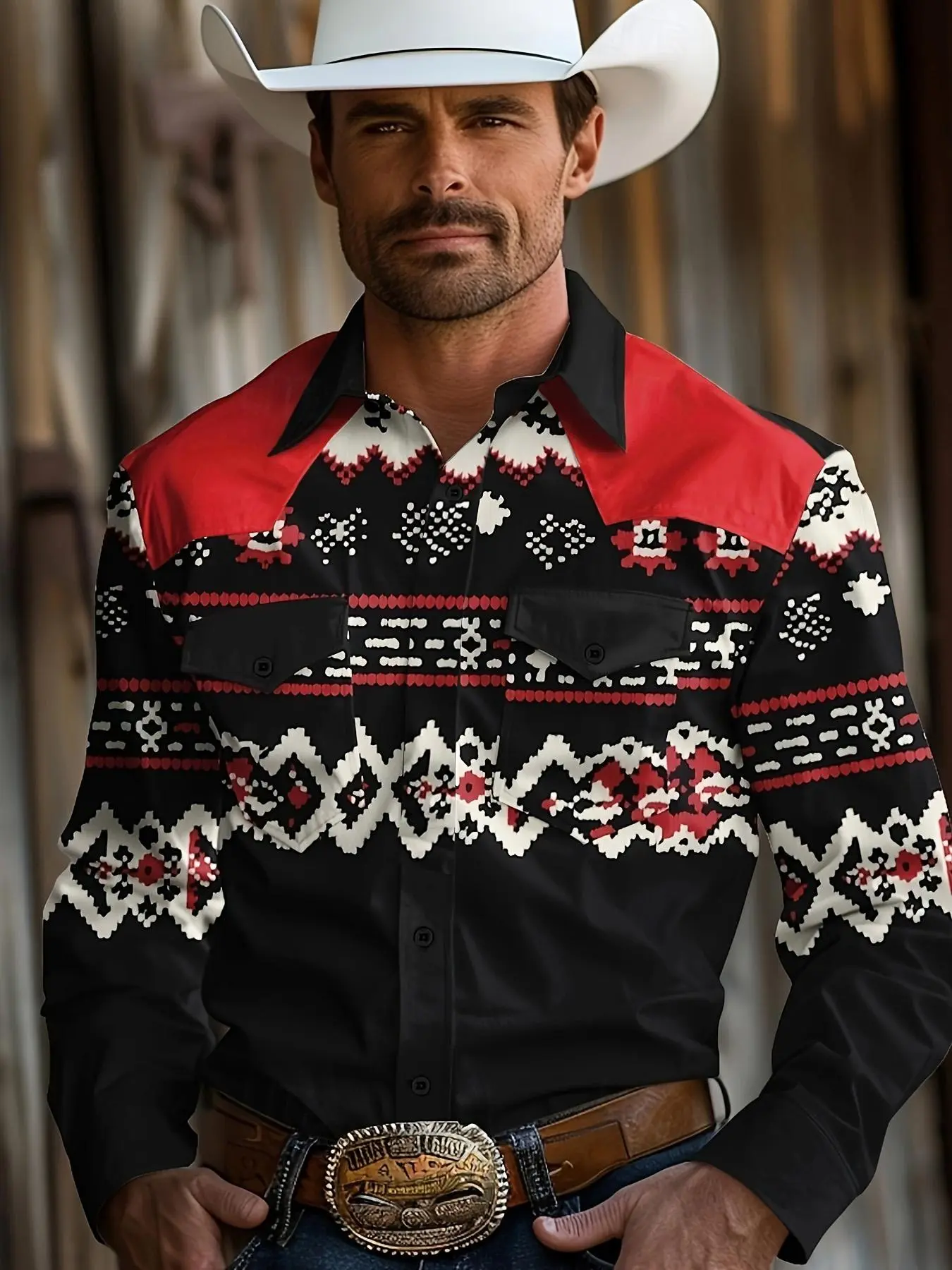 Men's Regular Fit Geometric Print Long Sleeve Shirt, Casual Comfy Cowboy Style Top for All Seasons, Fashion Men's Clothes for Daily Wear