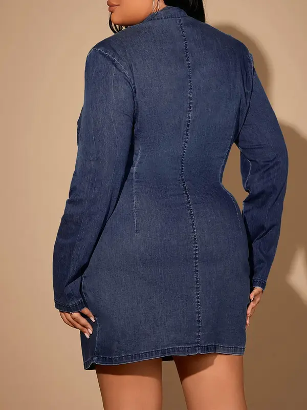 【Plus Size】 Button Front Ruched Denim Shirt Dress, Casual Long Sleeve Pocket Short Denim Dress for Spring & Fall, Women's Clothes for Daily Wear 1