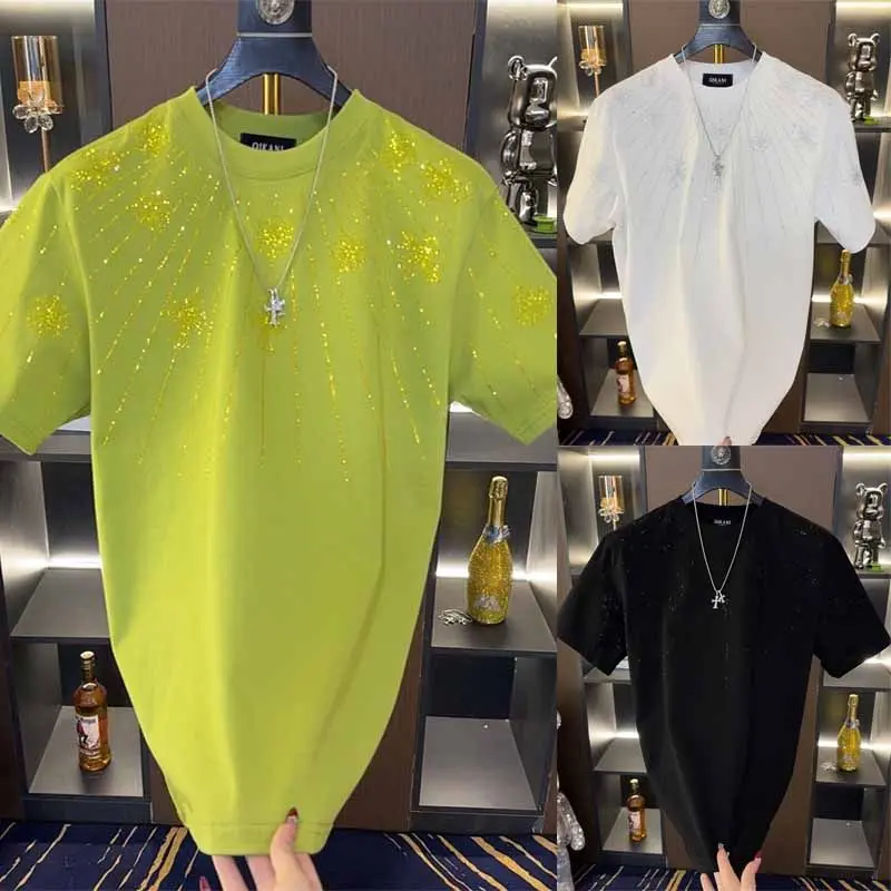 European Style Light Luxury Rhinestone Starry Sky Short Sleeve Men's Slim Fit Trendy Fashion Casual Half Sleeve Round Neck T-Shirt Candy Color