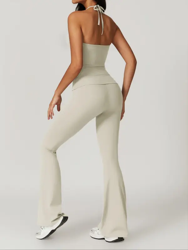 Women's Solid Crop Cami Top & Flare Leg Pants Two-piece Set, Casual Fashion Cozy Breathable Two Piece Outfits for Daily Outdoor Wear, Ladies Clothes for Summer, Womenswear 3