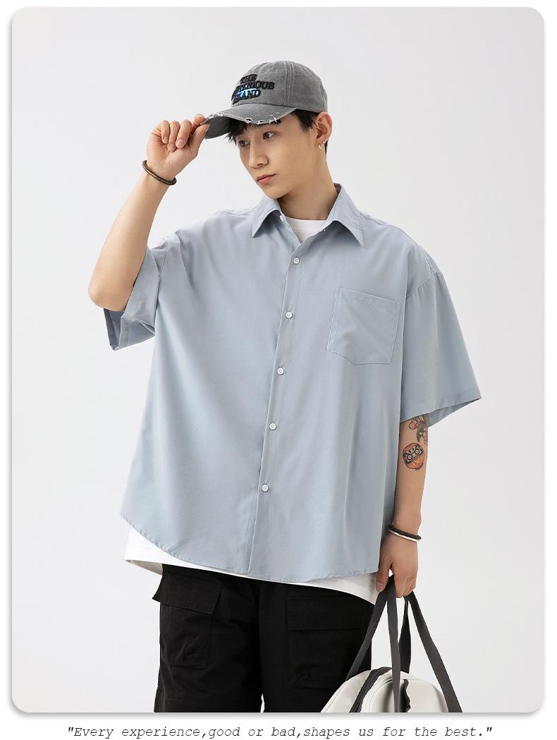 Product Introduction of Korean Men's Smooth Draping Short-Sleeved Shirt Men's Summer New Pure Color Couple Casual Loose Shirt Jacket Menswear Top Lingerie Human Oversize Plain Beige Baggy Vintage Tights Collar Collared Tropical 15