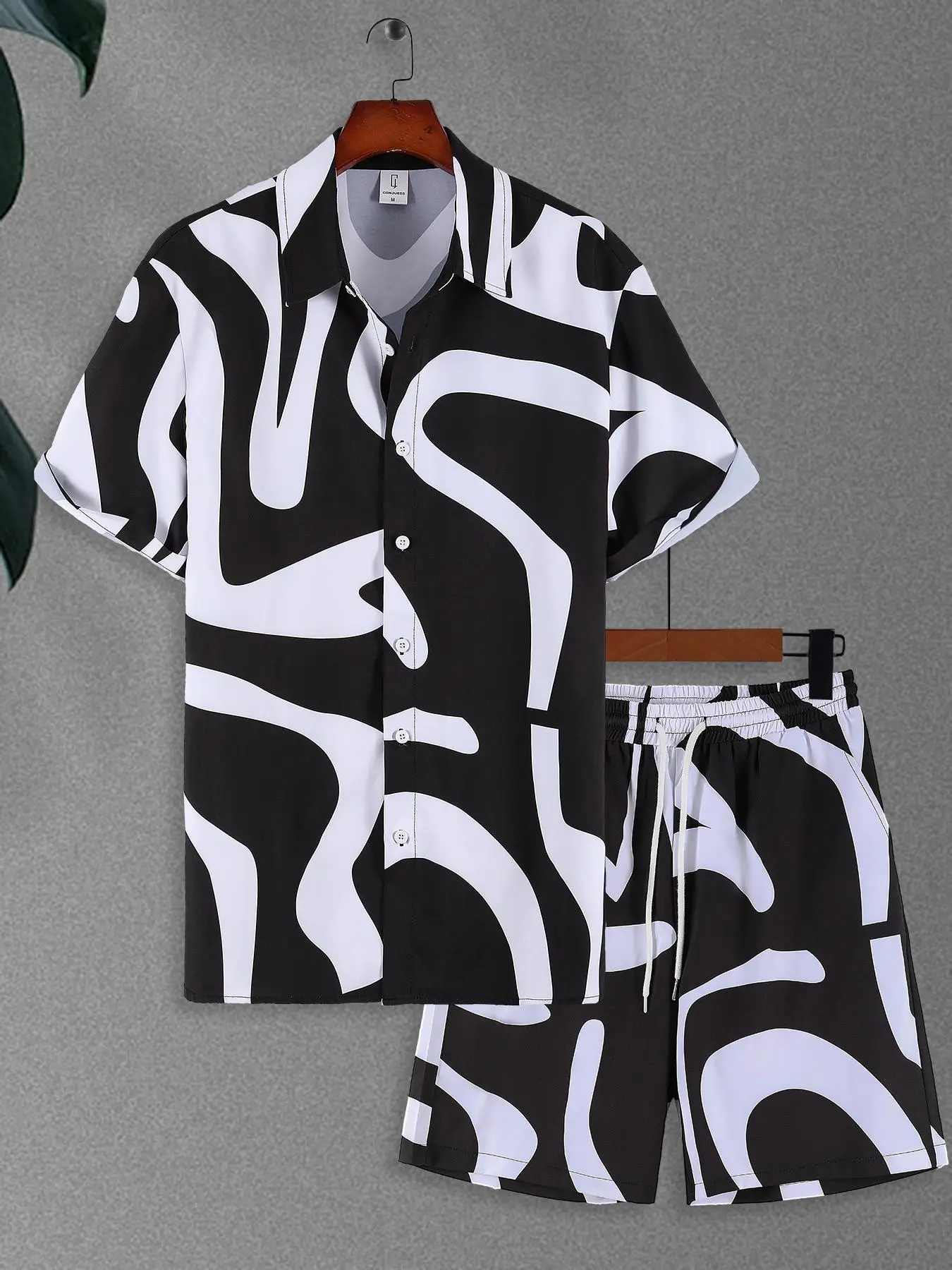 Two-Piece Set Men's Geometric Print Shirt & Shorts, Regular Fit Casual Short Sleeve Collared Top & Drawstring Waist Shorts, Men's Summer Clothes