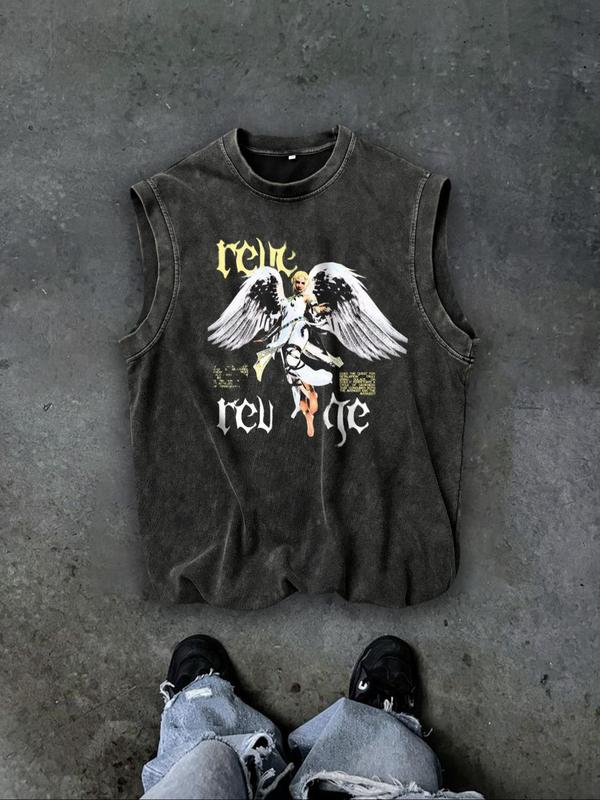 Men's Angel Wing Print Tank Top, Loose Casual Sleeveless Vest for Summer, Men's Top for Daily Wear, Socks, Cotton 0
