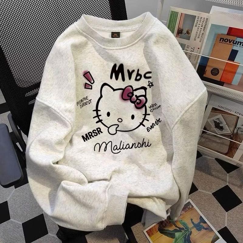 Áo nỉ sweater cổ tròn form rộng tay bồng chất nỉ cotton in mèo kitty Top Nữ Women Hoodie