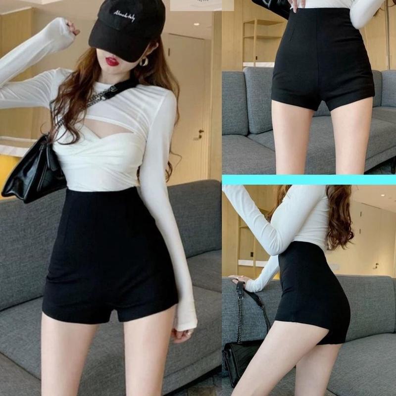 Quần Short nữ Dance Lưng cao Idol Vải Co Giãn Dáng Bó Đùi Khóa Sau màu Đen Chất Vải Umì Quần Đùi nữ cạp cao mặc ở nhà tôn dáng đẹp Pants Women Tua Rua Nhung