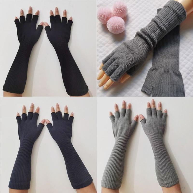 Product Introduction of Women Girls Pure Black Warm Elbow Long Work Gloves Arm Warmers Half Finger Gloves 10
