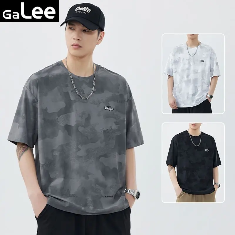 Ga Lee Men's Ice Silk Camouflage Short Sleeve 2025 Summer New Trendy Brand Elastic Quick Drying Half Sleeve Top Men's T-shirt