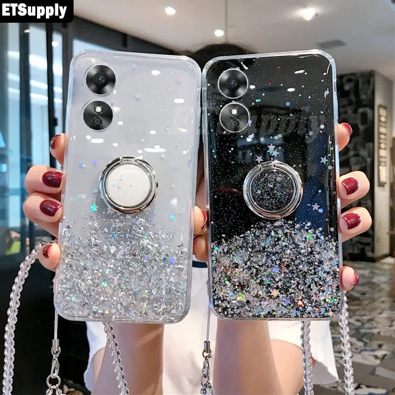 Case Oppo A17 A17K Clear Bening Motif Gliter Bling Bling Ring Standing Silikon Cover Casing Handphone 5