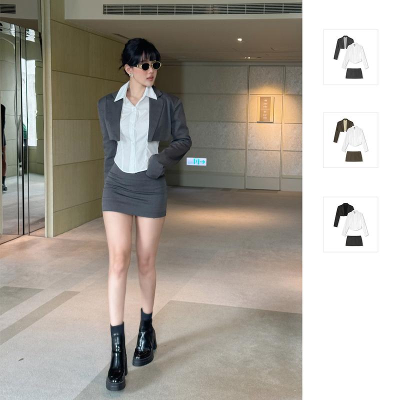 Set Nữ Shirt Crop Vest Miniskirt Chất Liệu Áo Ngoài Vải Kaki Áo Trong Sơ Mi Vải Cotton WSB090 SOMEHOW Top Chân Váy Women Xám