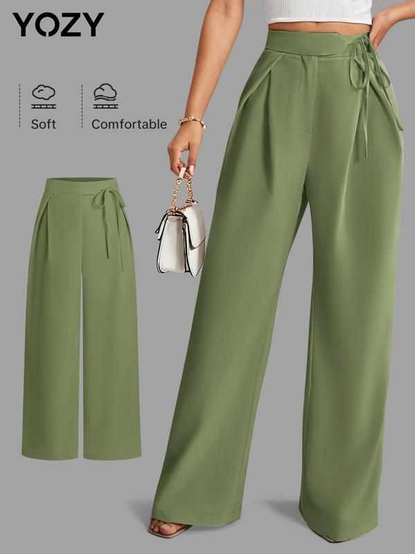 YOZY Women's Solid Plicated Tie Front Straight Leg Pants, Casual Comfy High Waist Trousers for Summer, Fashion Women's Bottoms for Daily Wear 6