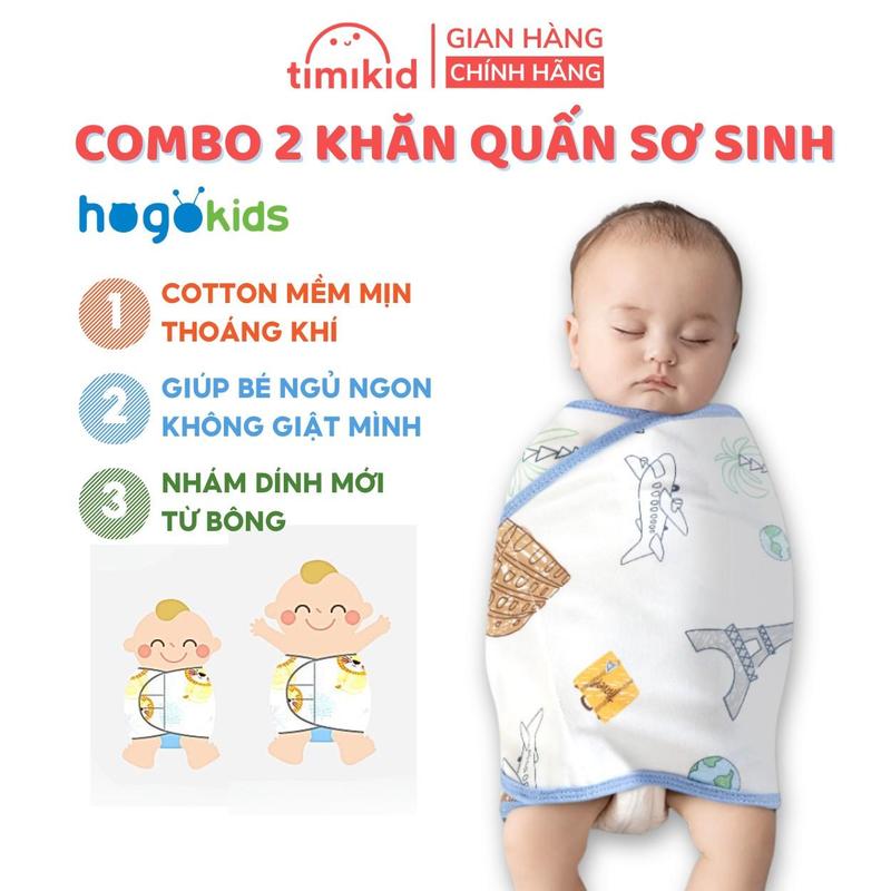 Combo 2 Khăn Quấn Bé Sơ Sinh Chống Giật Mình Chất Liệu Cotton Thân Thiện Mềm Mại Hoạ Tiết Đẹp KT 35x80cm - Timikid