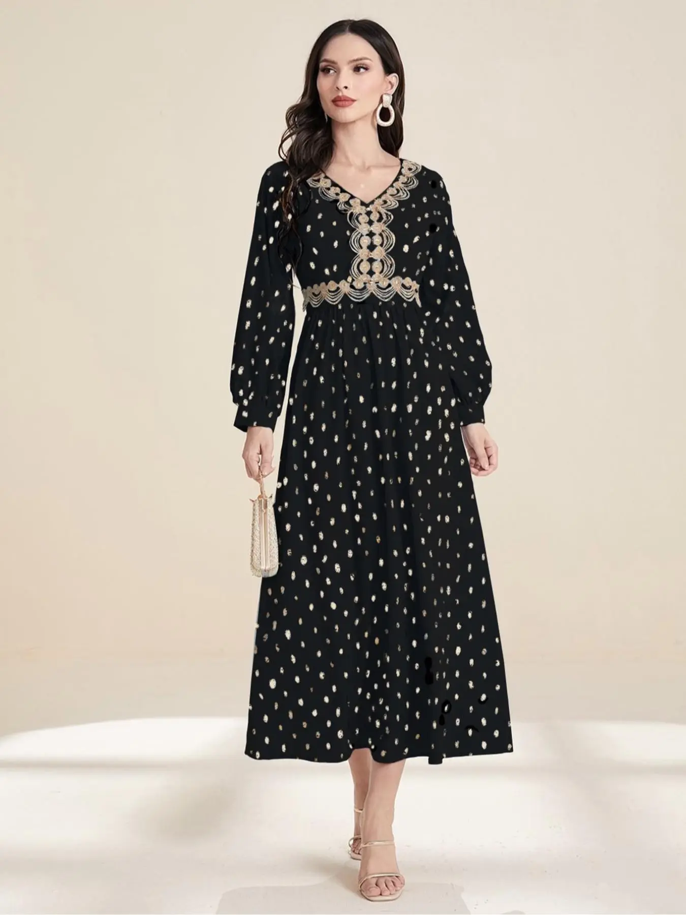 Arabic Clothing-Polka Dot Print V Neck Bishop Sleeve Arabian Dress, Comfort Elegant Long Sleeve A Line Dress for Spring & Fall, Women's Islamic Clothing for Daily Wear, Womenswear