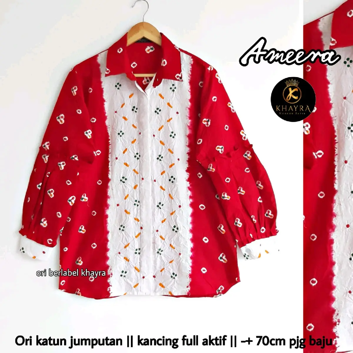 BLOUSE BATIK AMEERA JUMPUTAN 2TONE ORI SOLO - ATASAN BATIK WANITA -EIDISI 17 AGUSTUSAN -MERAH PUTIH