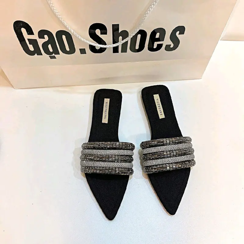 Gạo.Shoes (CÓ BIGSIZE) - Dép Lê Nữ Mũi Nhọn, Quai Ngang Dây Đá So Le, Đế Cao Cấp Chống Trơn Trượt. 2