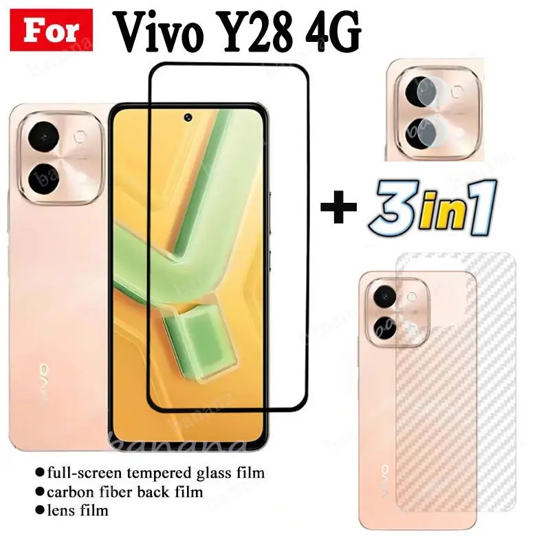 3 IN 1 Vivo Y28 4G Tempered Glass Film For Vivo Y18 Y38 Y03 Y27s Y100 4G 5G Full Cover Screen Protector Glass +Camera Lens Film+back film