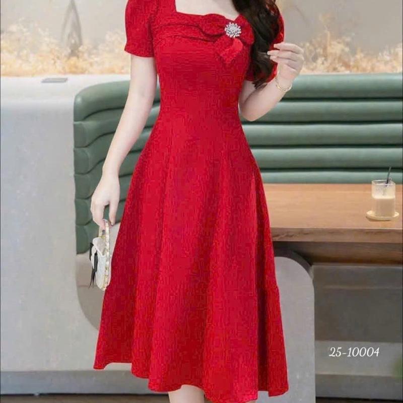 Đầm Nữ Bigsize Đi Tiệc Cổ Vuông Đính Hoa,Phụ Kiện Dáng Dài ,Váy Trơn Thanh Lịch, Nền Tảng, Sang Trọng, Đầm Thiết Kế Tiểu Thư 3