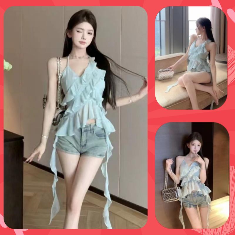 Áo quây croptop tua rua Áo 2 dây nhún bèo Áo bra tôn dáng màu xanh xinh xắn thời trang đi chơi đi biển AT19