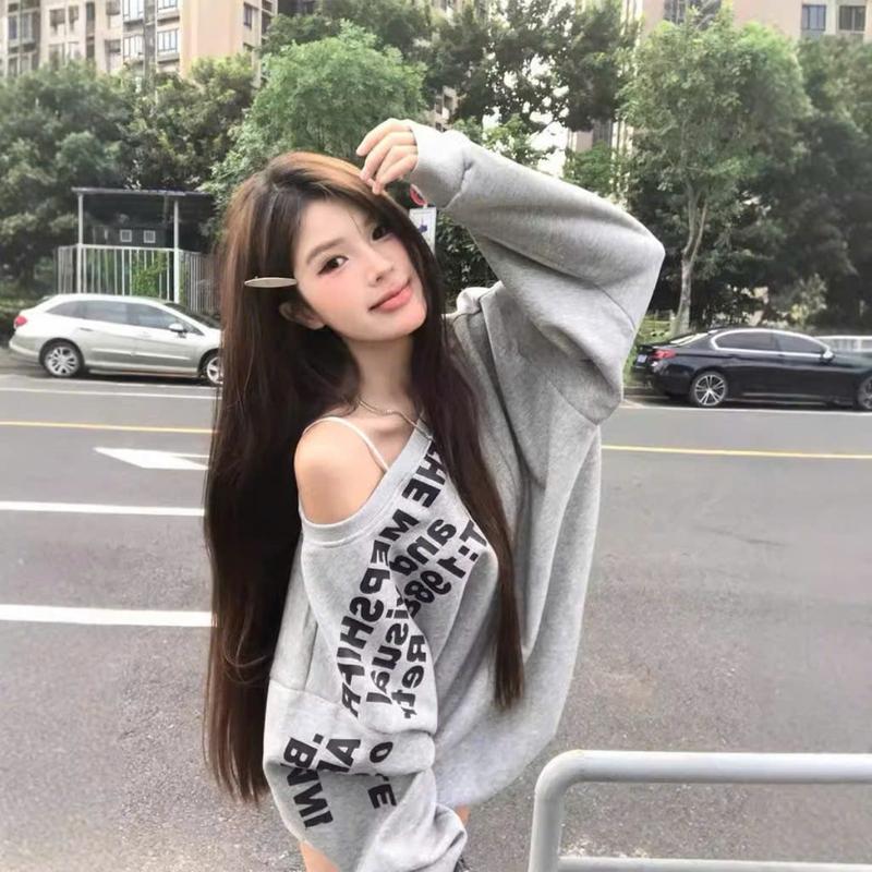 Áo Nỉ Nữ In Chữ 1988 Phong Cách Hàn Quốc - Women Top Đen áo trễ vai Hoodie