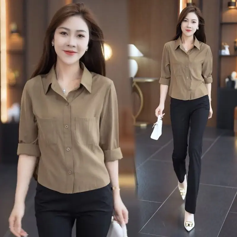 Áo Sơ Mi Dài Tay Trơn Phong Cách Dân Tộc, Hàng Mới Về Đầu Mùa Thu, Trang Phục Thường Ngày Cho Nữ, Chống Lão Hóa, Bó Eo, Thích Hợp Cho Mẹ TRUNG NIÊN, Áo Trên