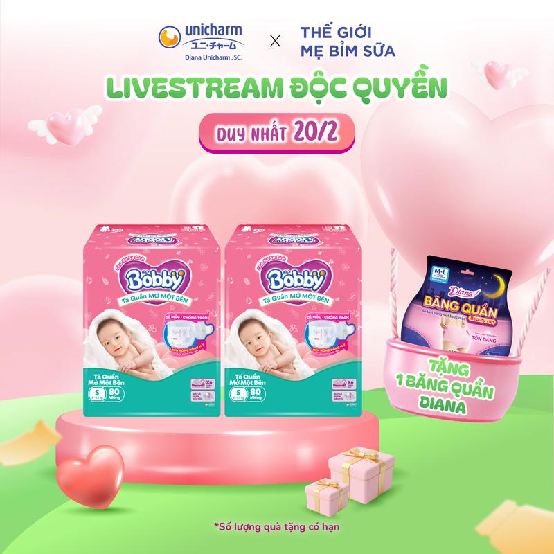   Thế giới mẹ bỉm sữa x DianaUnicharm  Combo 2 Tã bỉm quần Mở Một Bên Bobby - Tiện Lợi Dễ Mặc - Size NB 70+6 S 80 M 62 Miếng 