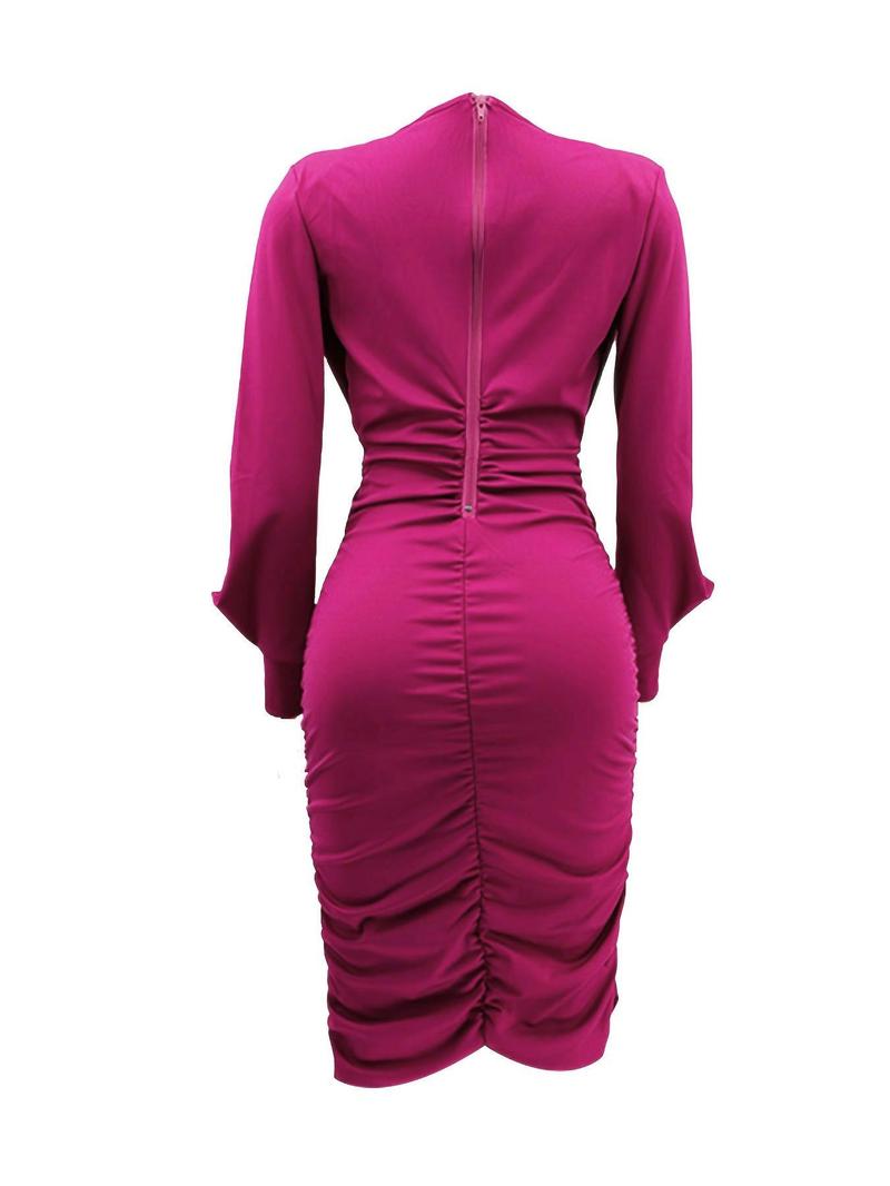 Product Introduction of Women's Plain Ruched Deep V Neck Bodycon Dress, Casual Bishop Sleeve Zipper Back Midi Dress for Fall, Women's Clothing for Daily Wear 14