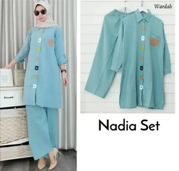 Nadia Set 2IN1 Bahan Crinkle Airflow Setelan Wanita Terbaru 2022 Lebaran Setelan Wanita Casual Viral One Set Cewek Celana Remaja Berhijab Moden Baju Atasan Blouse + Celana Panjang Import Murah Pusat Grosir Kancing Linen 1