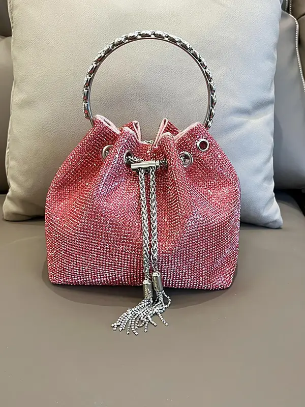 Women's Rhinestone Decorated Evening Bag with Round Top Handle, Elegant Shiny Tassel Chain Drawstring Design Shoulder Bag for Party, All-match Commuter Bag for Work & Daily Used, Valentine's Day Gift for Girl, Ladies Purse 6