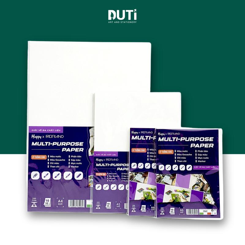 Giấy vẽ Happy Mutil Purpose vẽ trên mọi chất liệu màu nước gouache chì màu chì than sáp dầu phấn tiên mực nước marker 200gsm A4 A5 A6 - Họa Cụ DUTi