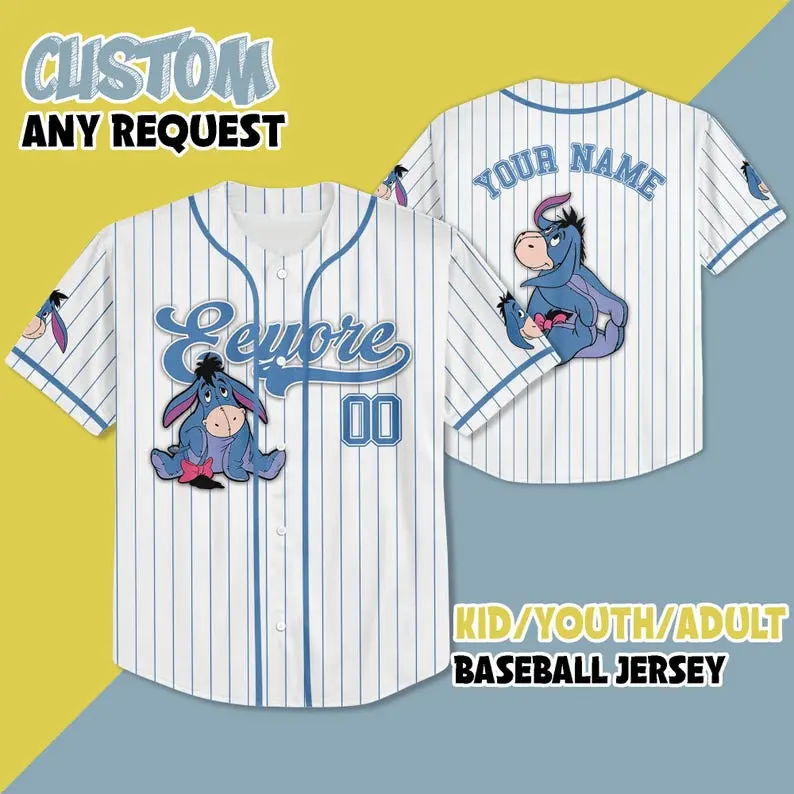 Custom Win.nie the Pooh Eeyore Baseball Jersey, Cute Baseball Team Jersey Birthday Gift for Fans