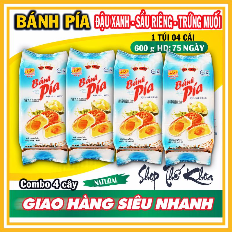 Combo 4 cây Bánh Pía 5 sao - ĐẬU XANH- SẦU RIÊNG - TRỨNG MUỐI - Trọng lượng 600g/túi - Túi có 04 cái - TÂN HUÊ VIÊN - ĐẶC SẢN SÓC TRĂNG - BÁNH PÍA VŨNG THƠM 1