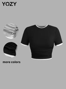 YOZY Women's Colorblock Ruched Round Neck Tee, Casual Short Sleeve T-shirt for Daily Wear, Ladies Clothes for All Seasons