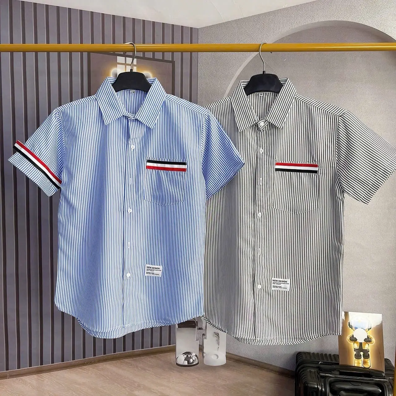 Sơ mi nam ngắn tay phối sọc cực kì dễ thương hottrend 2024 Menswear Áo Có Cổ ❣cd40 white❣ sang trọng